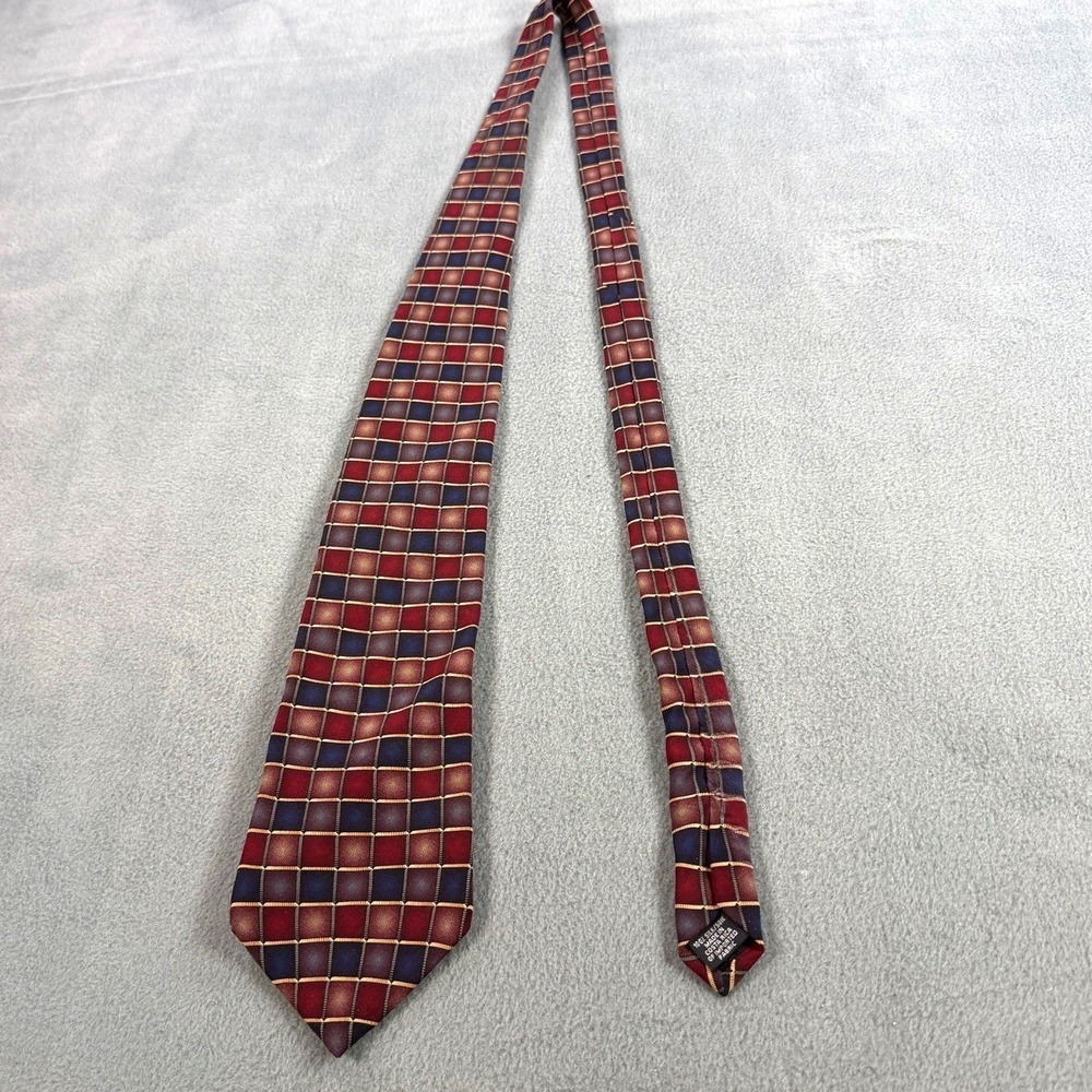 Van Heusen Mens Silk Necktie Burgundy Navy Blue Tan Geometric‎ Square Grid Tie